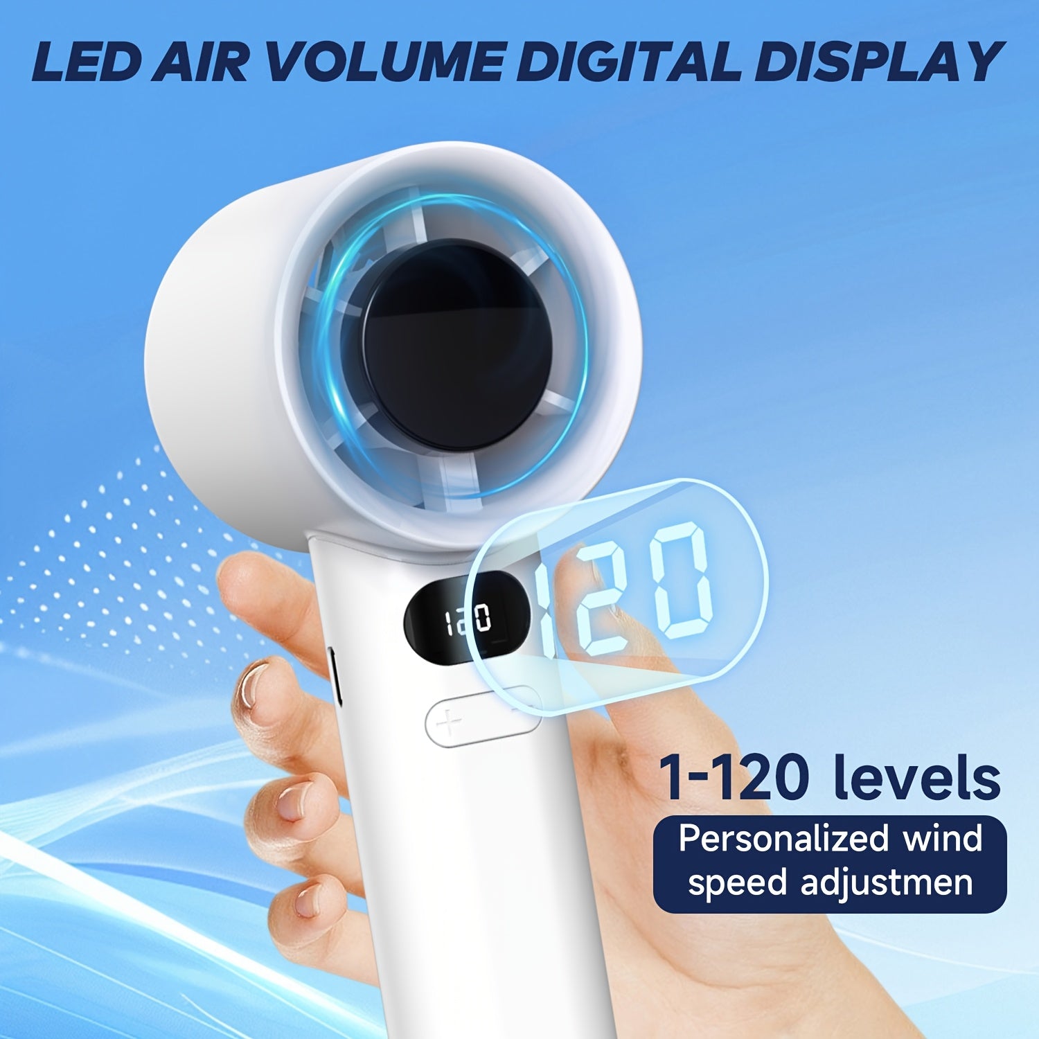 Handheld Fan with 120-Speed Variable, LED Display, USB Rechargeable, Portable for Travel and Outdoor Use in Gray and White