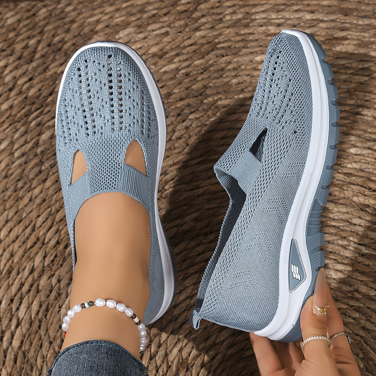 Women's Slip-On Sneakers Breathable Light Blue/Black Slip-On Walking Shoes