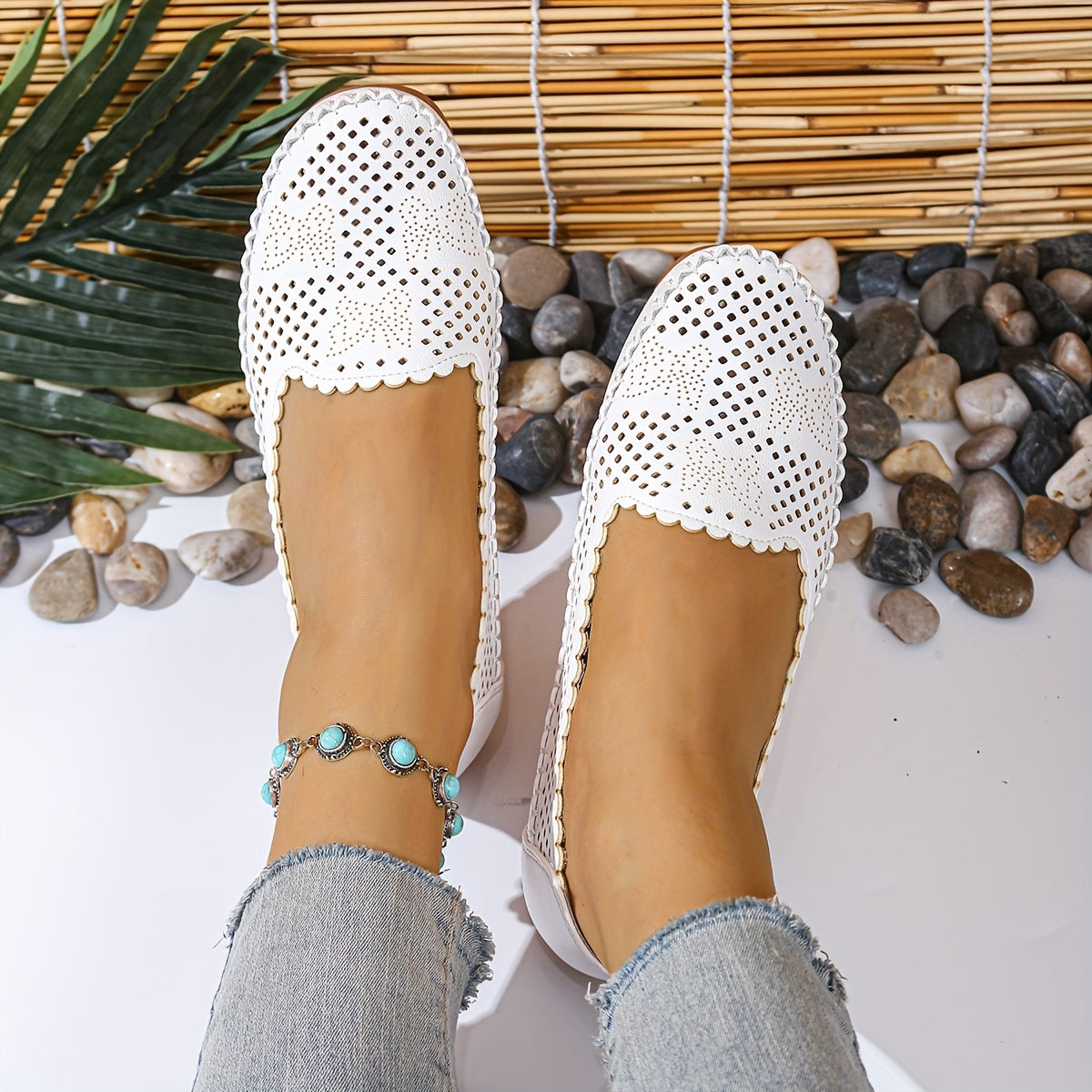 Women's Perforated Synthetic Loafers Slip-On Flats Beige White Cushioned