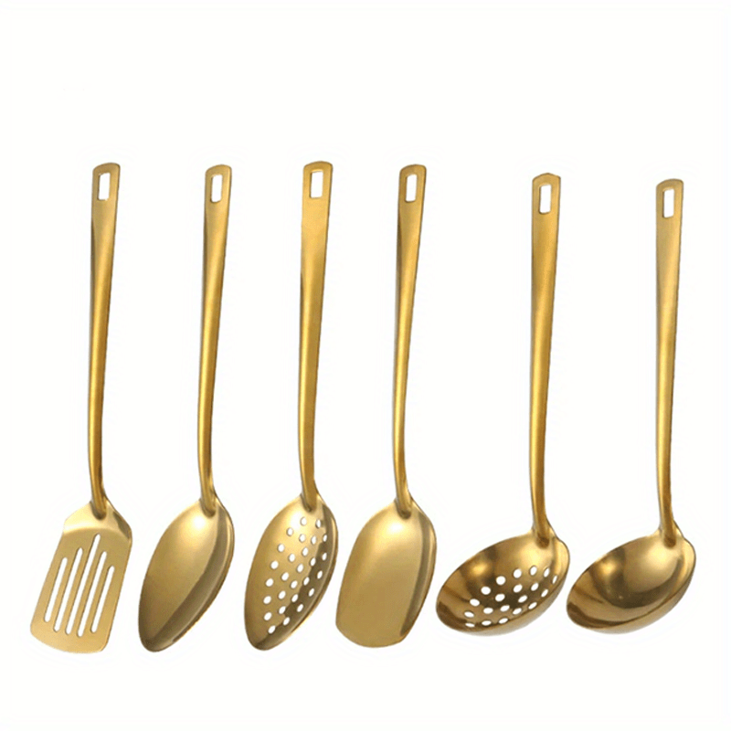 Juego de utensilios de cocina de acero inoxidable chapado en oro de 6 piezas con cuchara sopera, colador y pala para freír