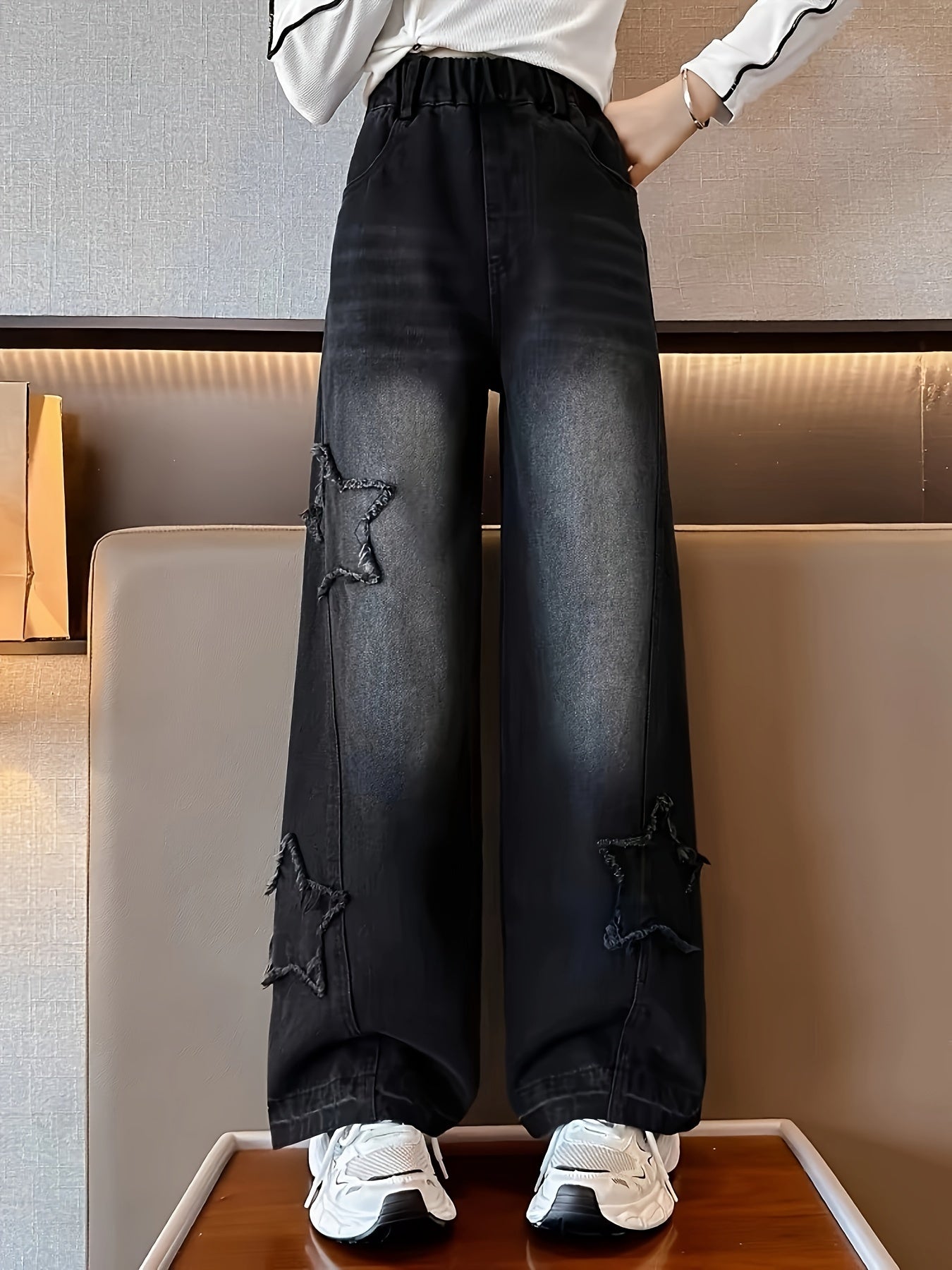 Teen Denim Jeans with Star Appliques Straight Leg Long Length Casual Street Style