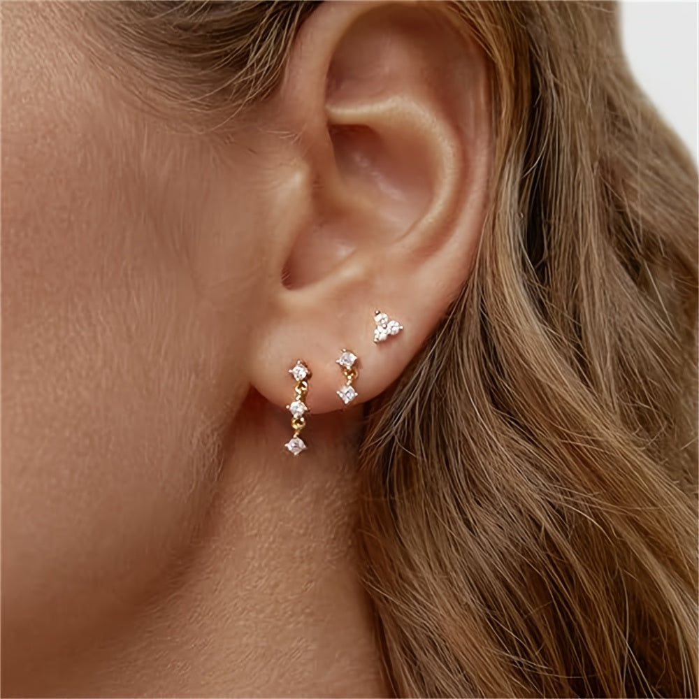 Set of 3 Copper Stud Earrings with Synthetic Zirconia for Women