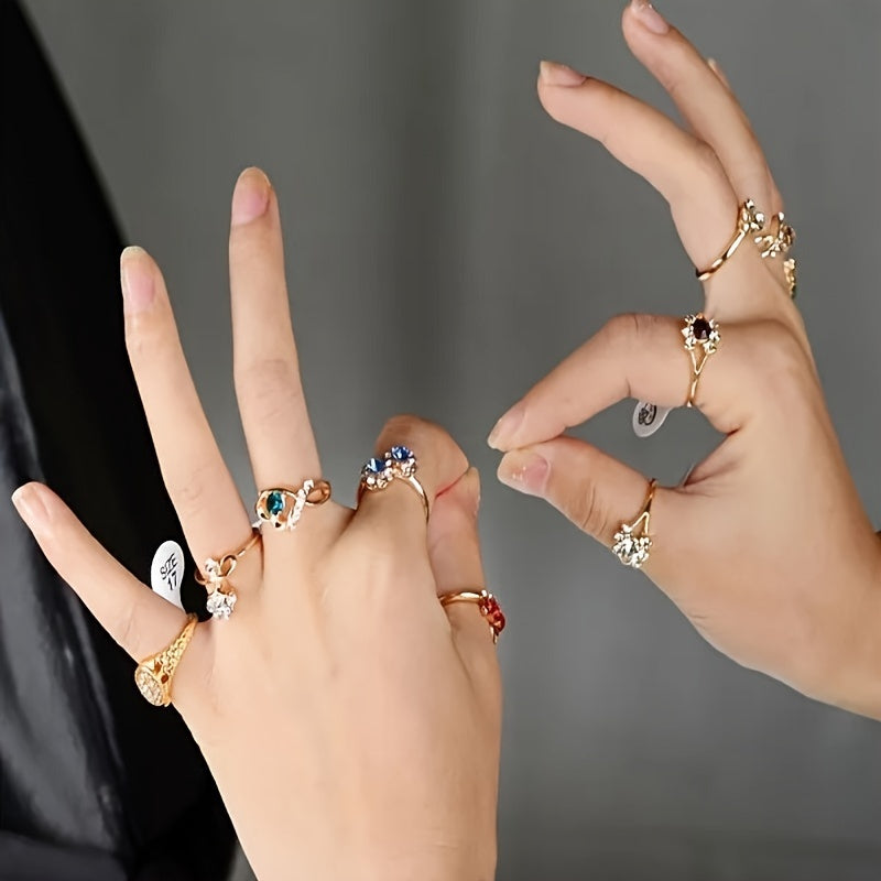 10 ta Vintage uslubidagi zanglamas po'latdan yasalgan halqalar to'plami Avstriya kristall rhinestones bilan bezatilgan - Har kuni va bayram kiyimlari uchun ideal