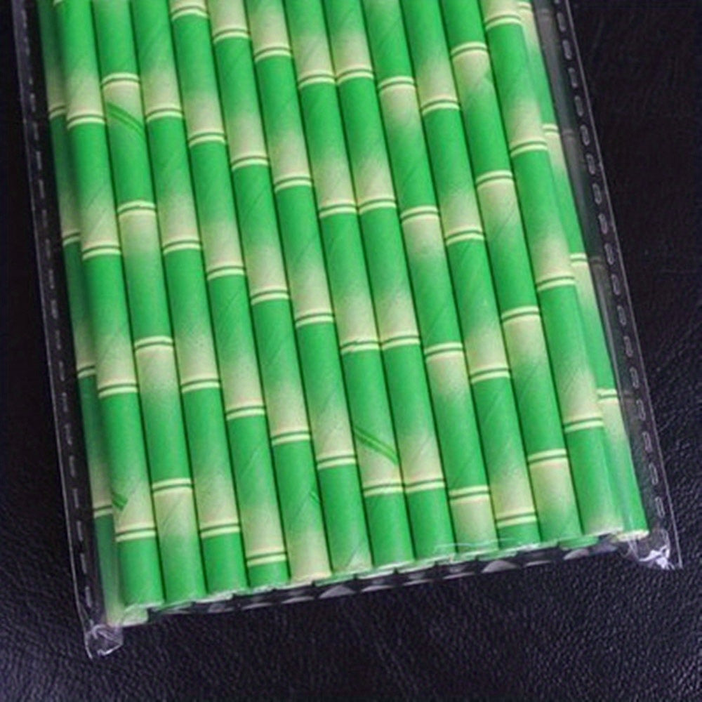 Set of 25 Green Bamboo Paper Straws with Yellow Stripes for Parties and Events
