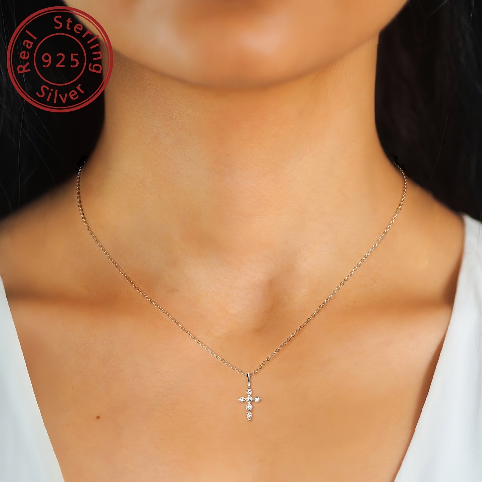 Sterling Silver Mozambique Stone Cross Necklace 40cm Pendant Jewelry