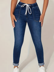 Plus Size Women's Denim Jeans with Elastic Drawstring Waist and Stretch Fit