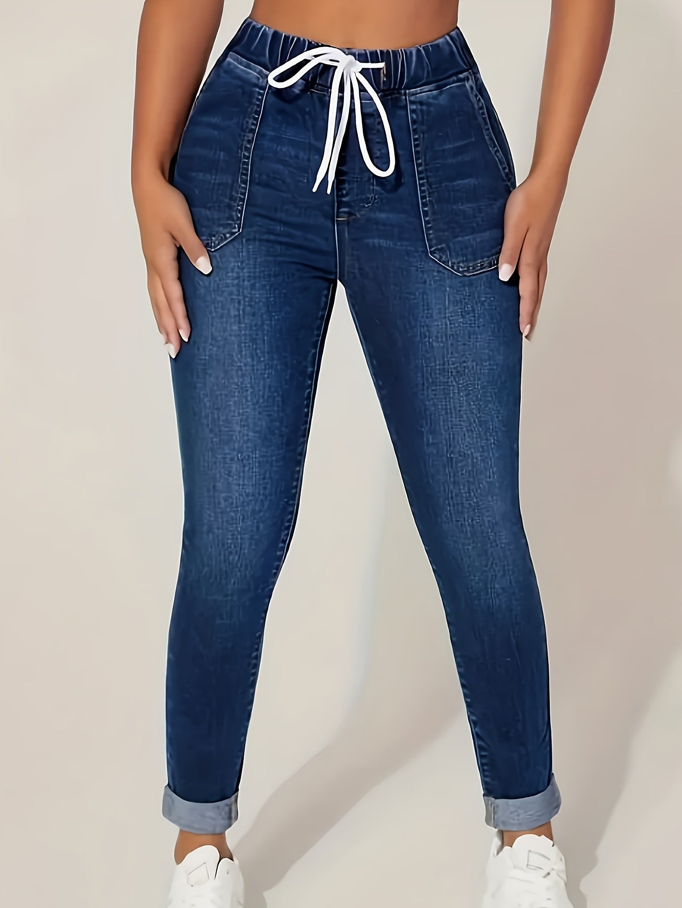 Plus Size Women's Denim Jeans with Elastic Drawstring Waist and Stretch Fit