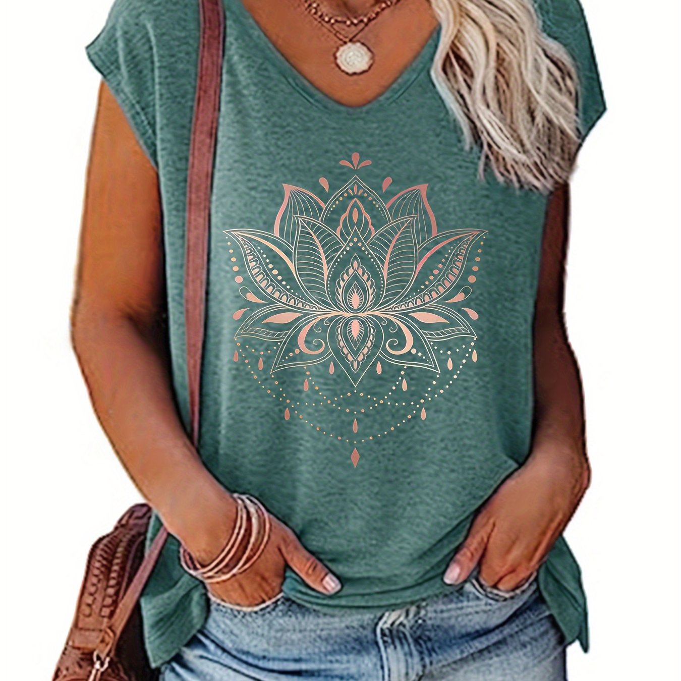 Plus Size Women's V-Neck Floral Print T-Shirt Short Sleeve Summer Top