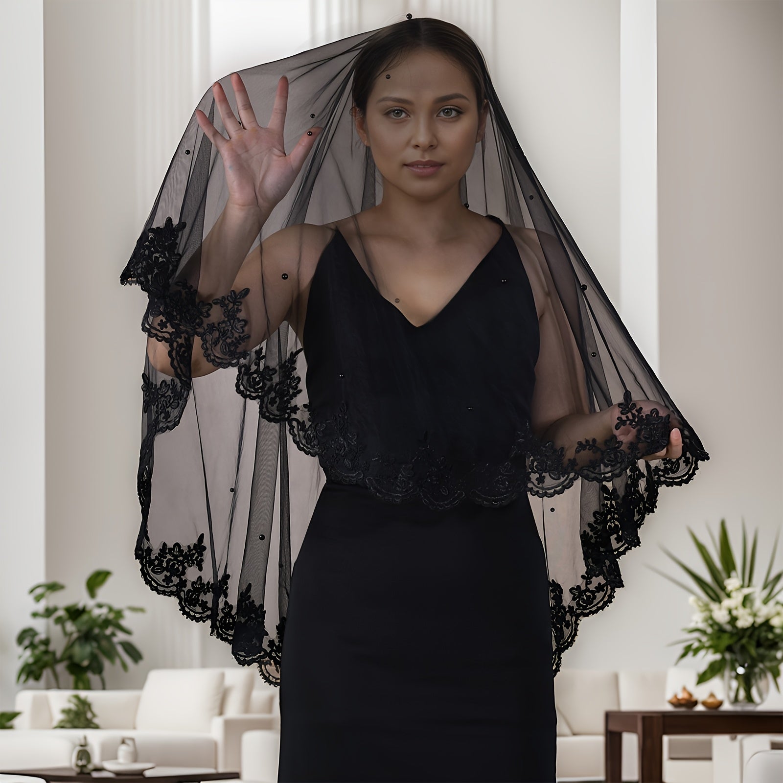 Black Lace Bridal Veil with Faux Pearls for Wedding or Halloween Themed Events