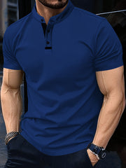 Men's Red Casual Short Sleeve Shirt with Button Crew Neck Lightweight Polyester for Golf and Casual Wear