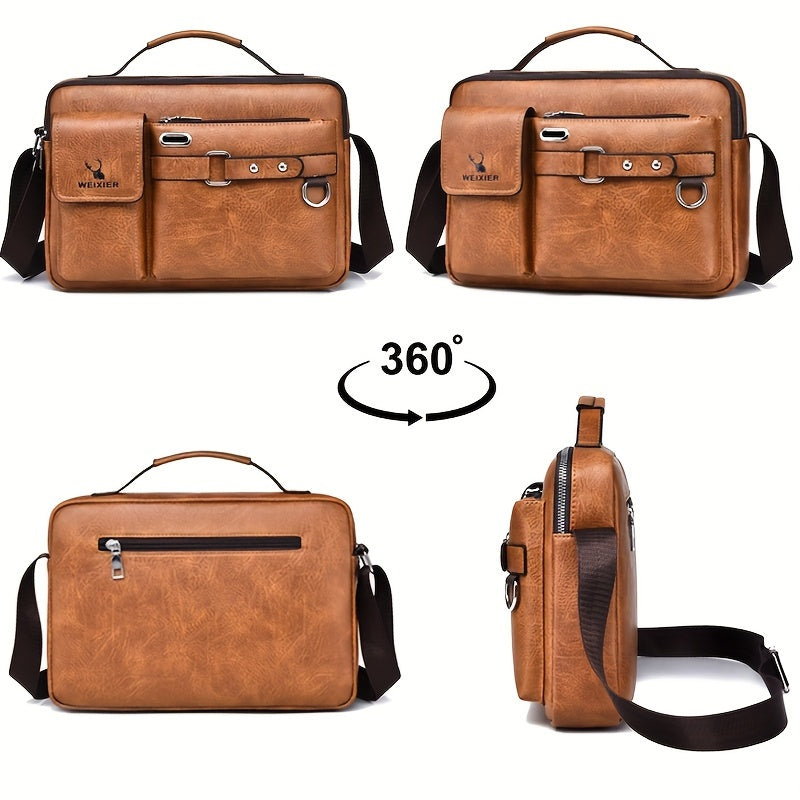 Men's PU Business Crossbody Bag Light Brown Adjustable Shoulder Strap for Office and Casual Use