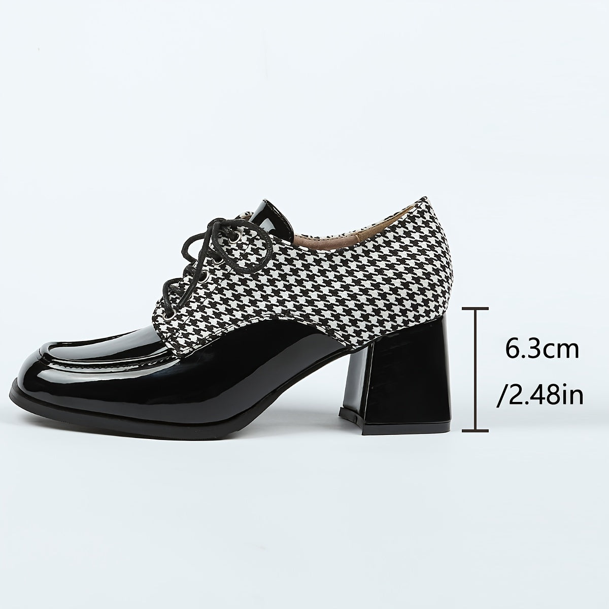 Ayollar uchun xoundstooth kiyingan poyabzal, kvadrat barmoqli, qalin tagli, bog‘lamli oxfords