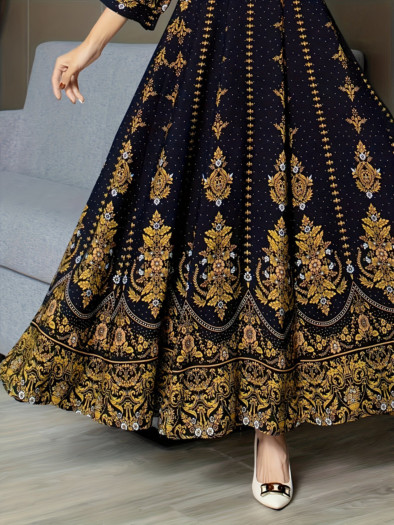 Women's Ethnic Floral Print Maxi Dress with V Neck, 3/4 Sleeves, Woven Polyester for Vacation