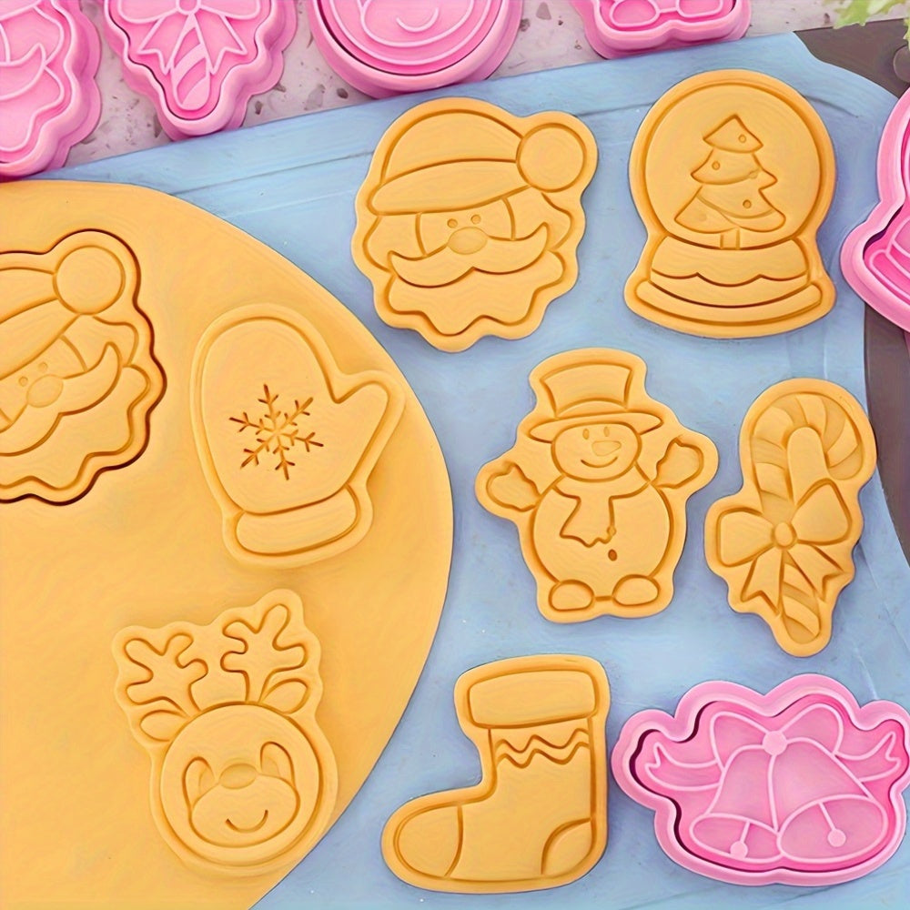 Set of 8 Plastic Christmas Cookie Cutters with Stamps for Holiday Baking