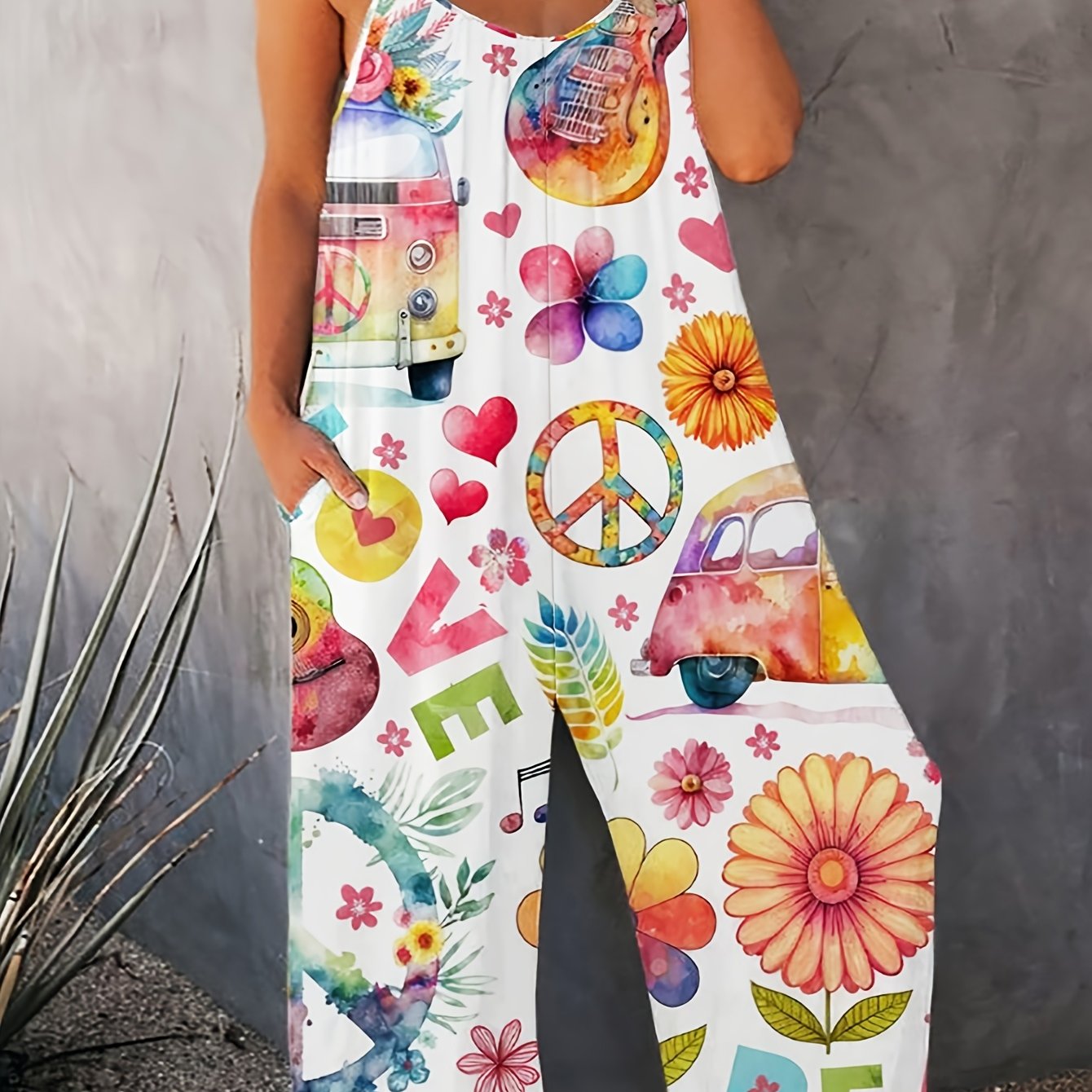 Women Plus Size Hippie Print Sleeveless Jumpsuit with Floral and Peace Sign Pattern