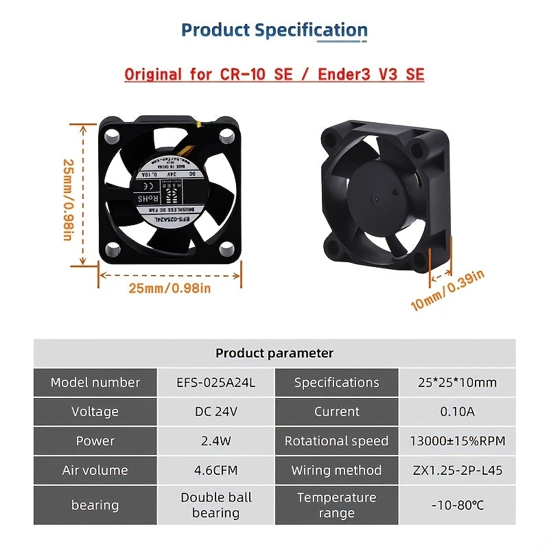 3D Printer Dual Ball Axial Fan 2510 24V for CR10-SE Ender3 V3 SE Cooling Fast Heat Dissipation
