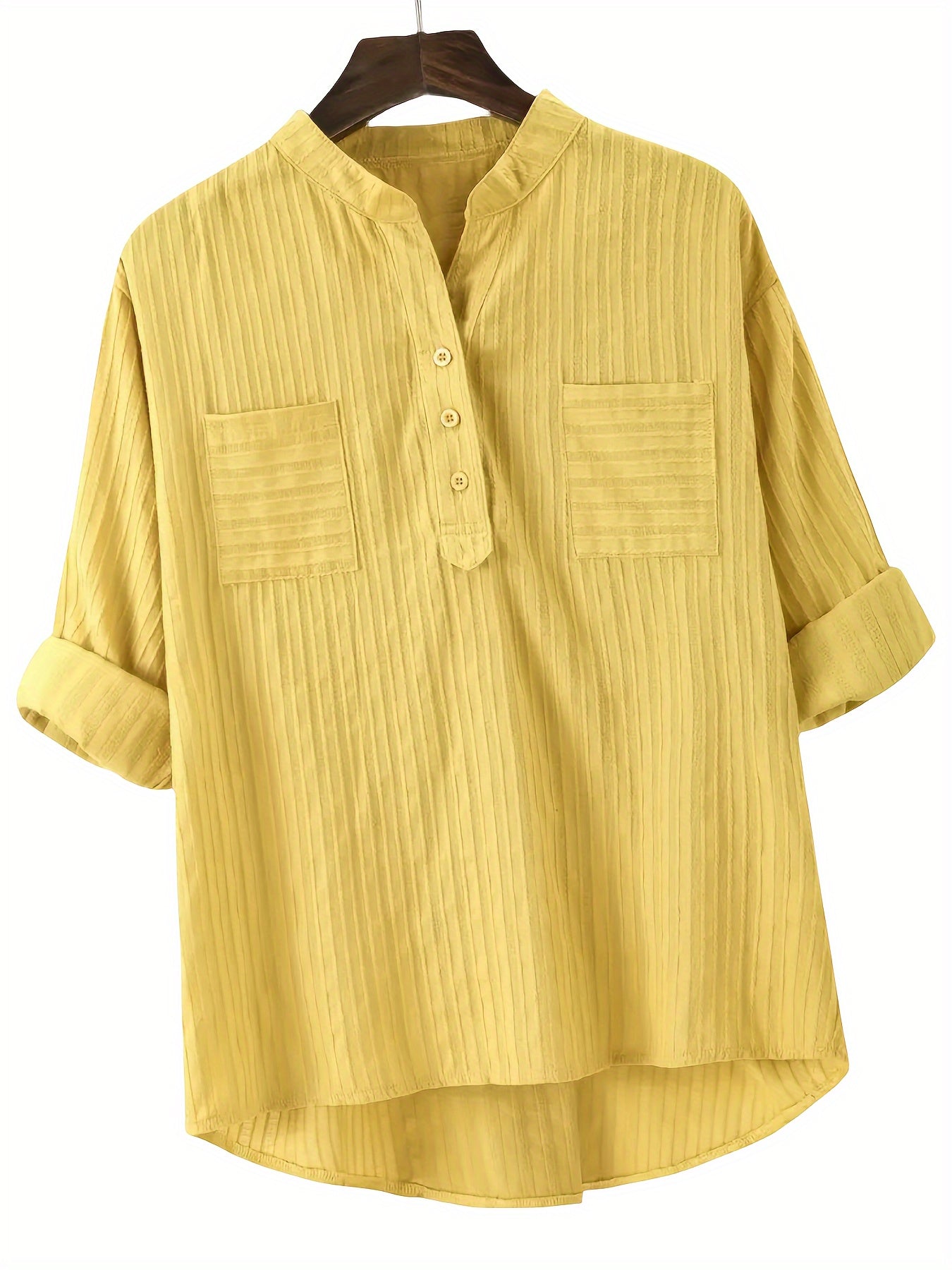 Women's Black Linen Blouse Long Sleeve Loose Fit Textured Collar Button Detail Casual