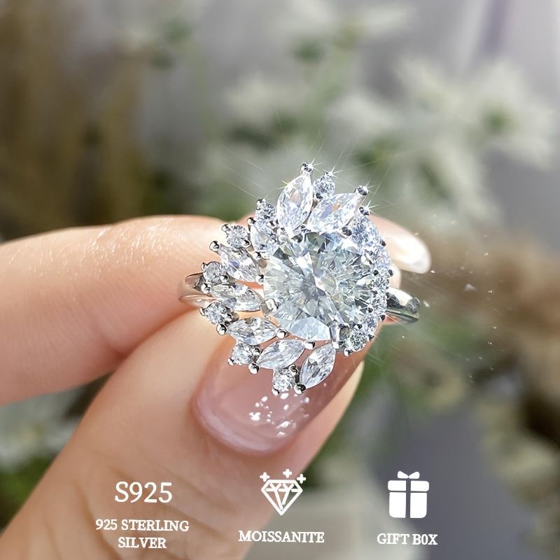 Sterling Silver Flower Ring 2ct Moissanite Engagement Wedding Gift for Her