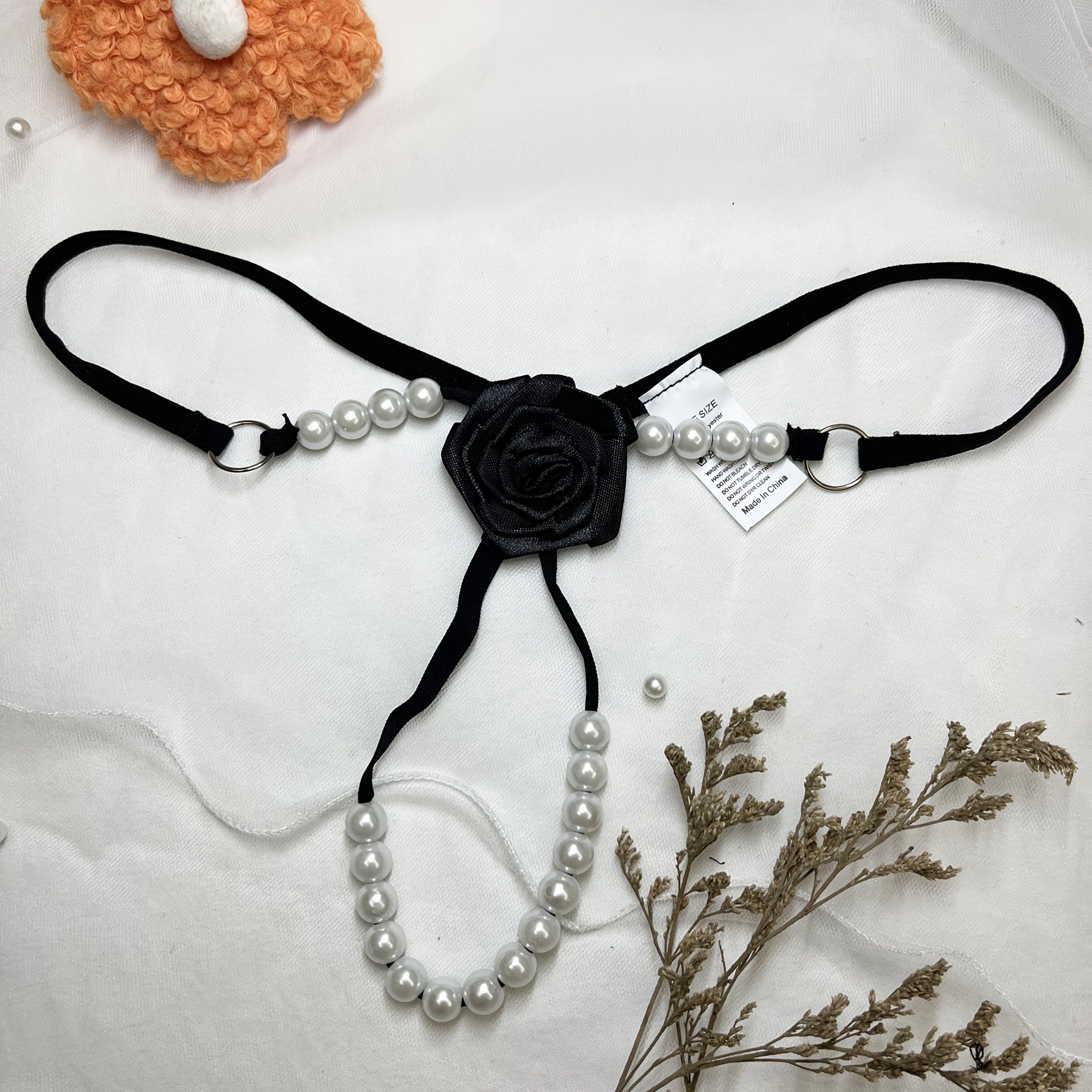 Women's Embroidered Rose G-String Lingerie Beaded Polyester Knit Adult Wear