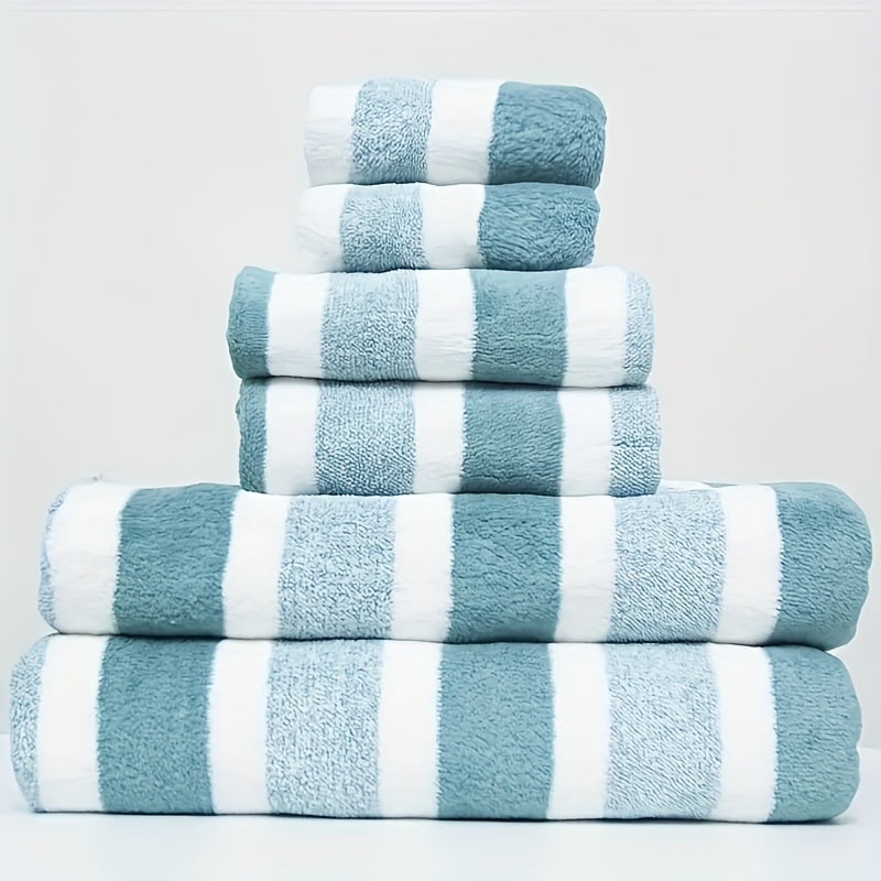 6-Piece Set of Soft Quick-Dry Striped Towels with High Absorbency for Home Spa Beach Gym