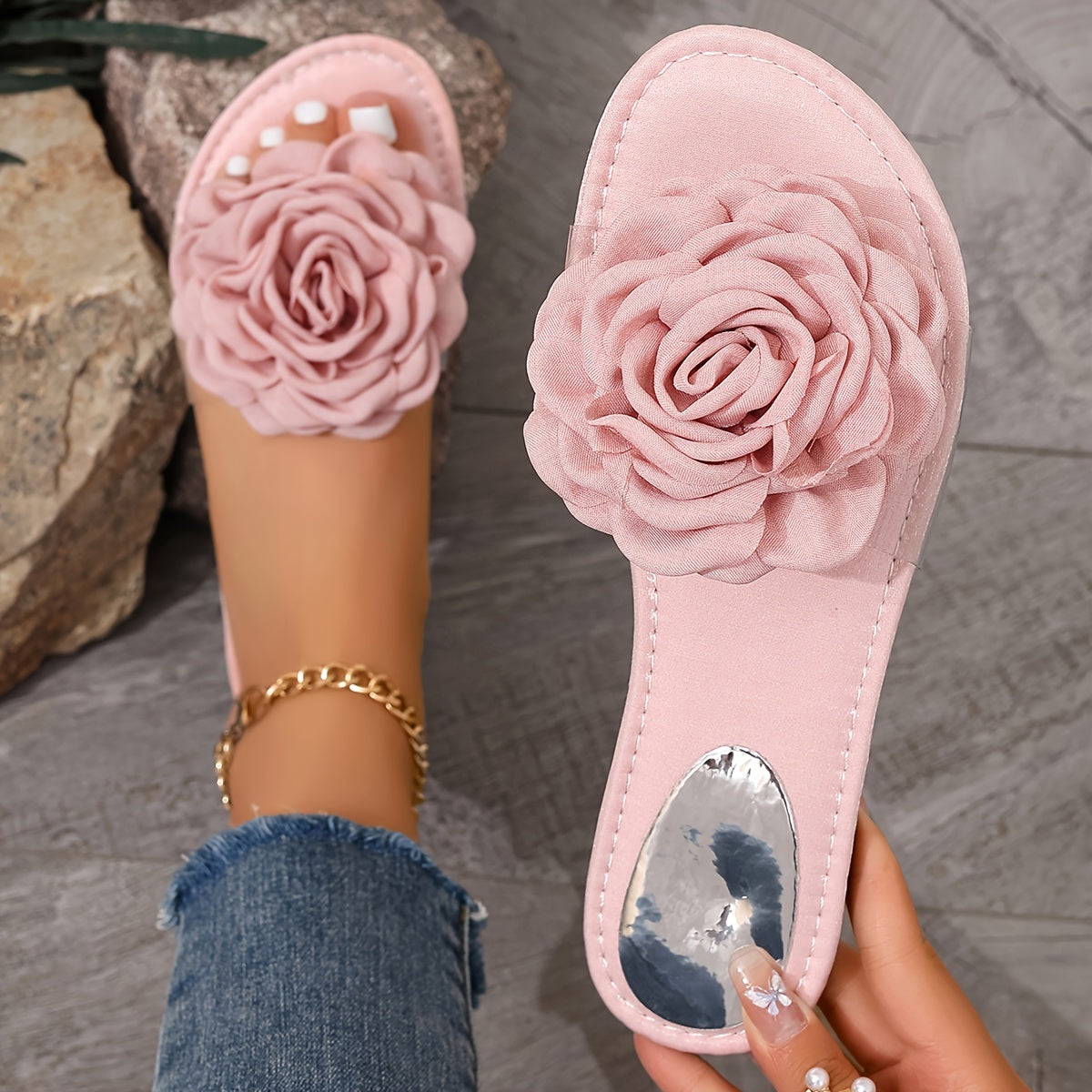 Women's Flower Decor Slip-On Flat Sandals Open Toe Summer Lightweight Shoes
