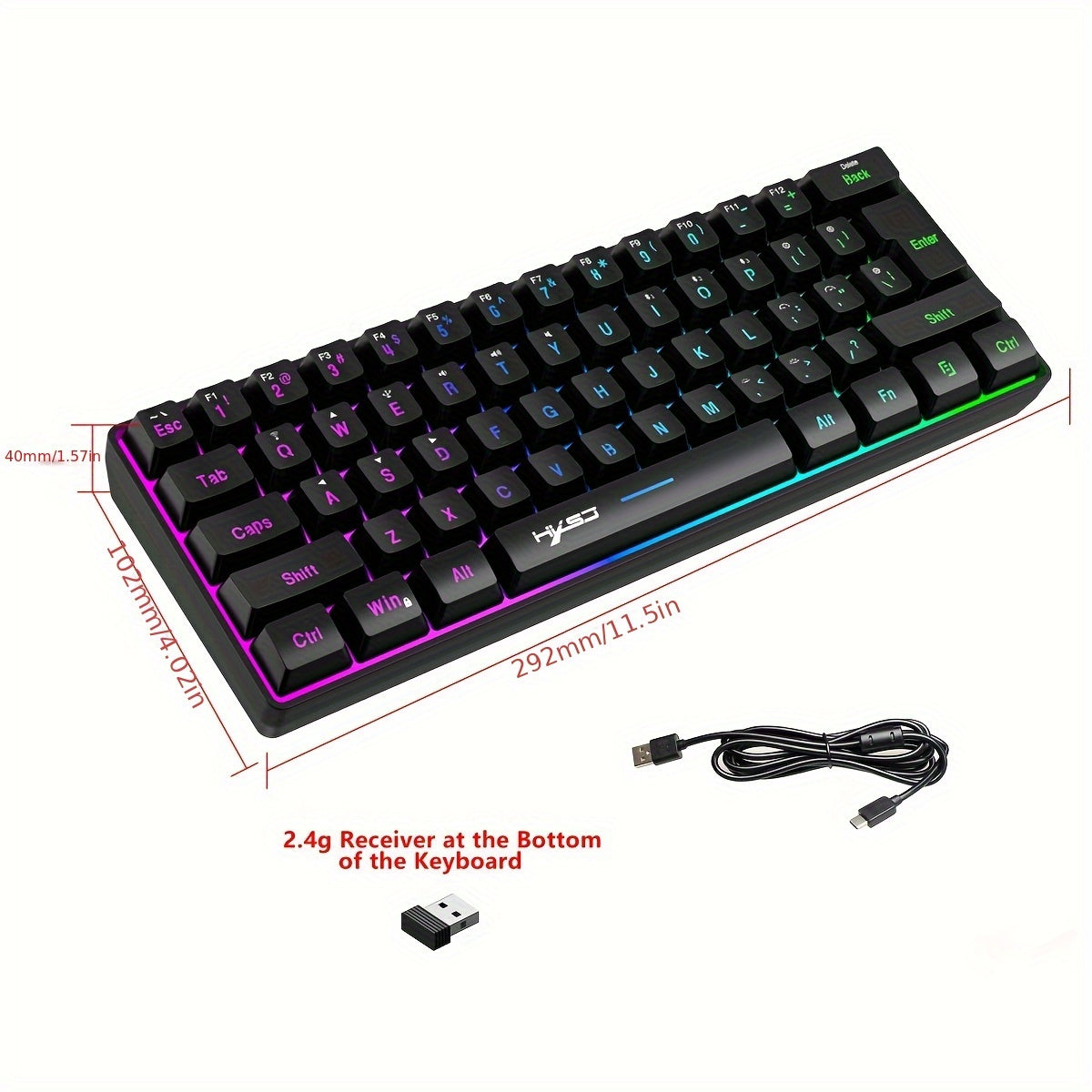 Mini Wireless Gaming Keyboard 61 Keys RGB Backlit Rechargeable Type-C USB