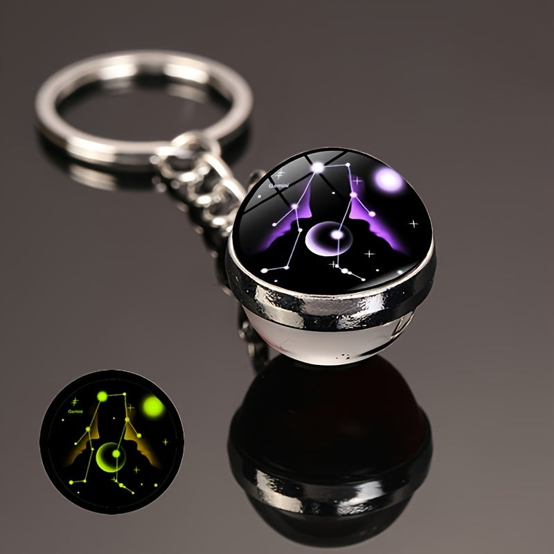 Starry Night Zodiac Keychain Double-Sided Glass Ball Glow-in-Dark Car Accessory