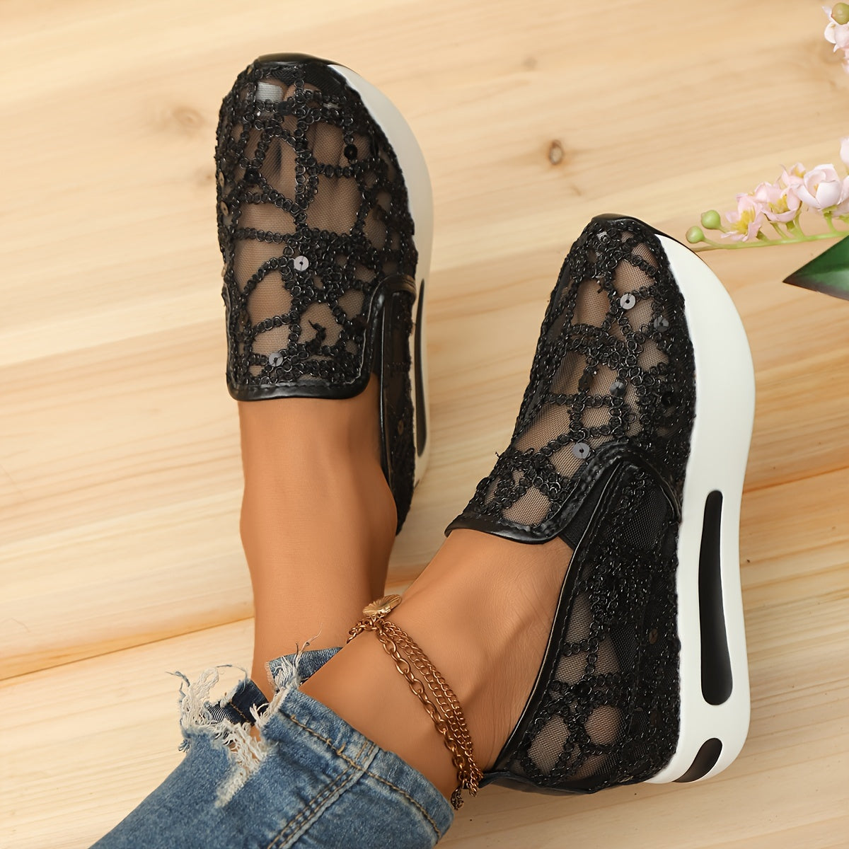 Women's Black Mesh Slip-On Sneakers with Cushioned Sole and Side Zipper
