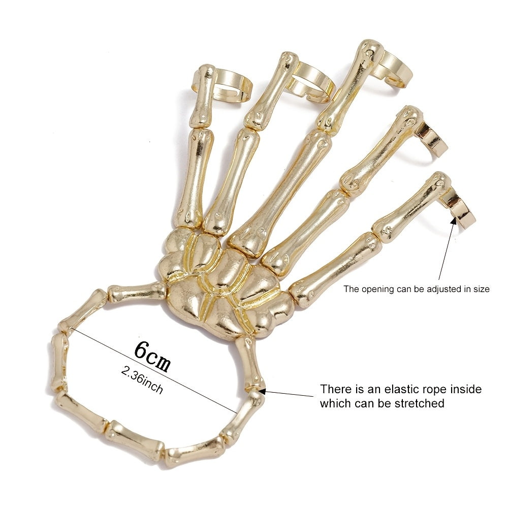Bir dona zamonaviy punk qafas suyakli qo'l barmoqi moslashuvchan besh barmoqli cho'ziladigan uzuk bilaguzuk, zanjir bilan, gotik va punk uslublarini ifodalaydi.