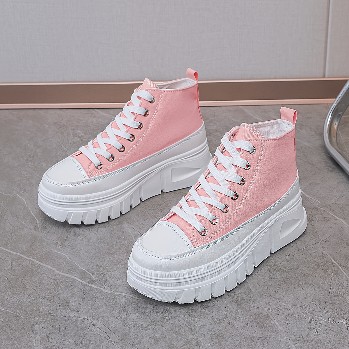 Women's Chunky Platform Lace-Up Sneakers Breathable Mid-Top Casual Shoes