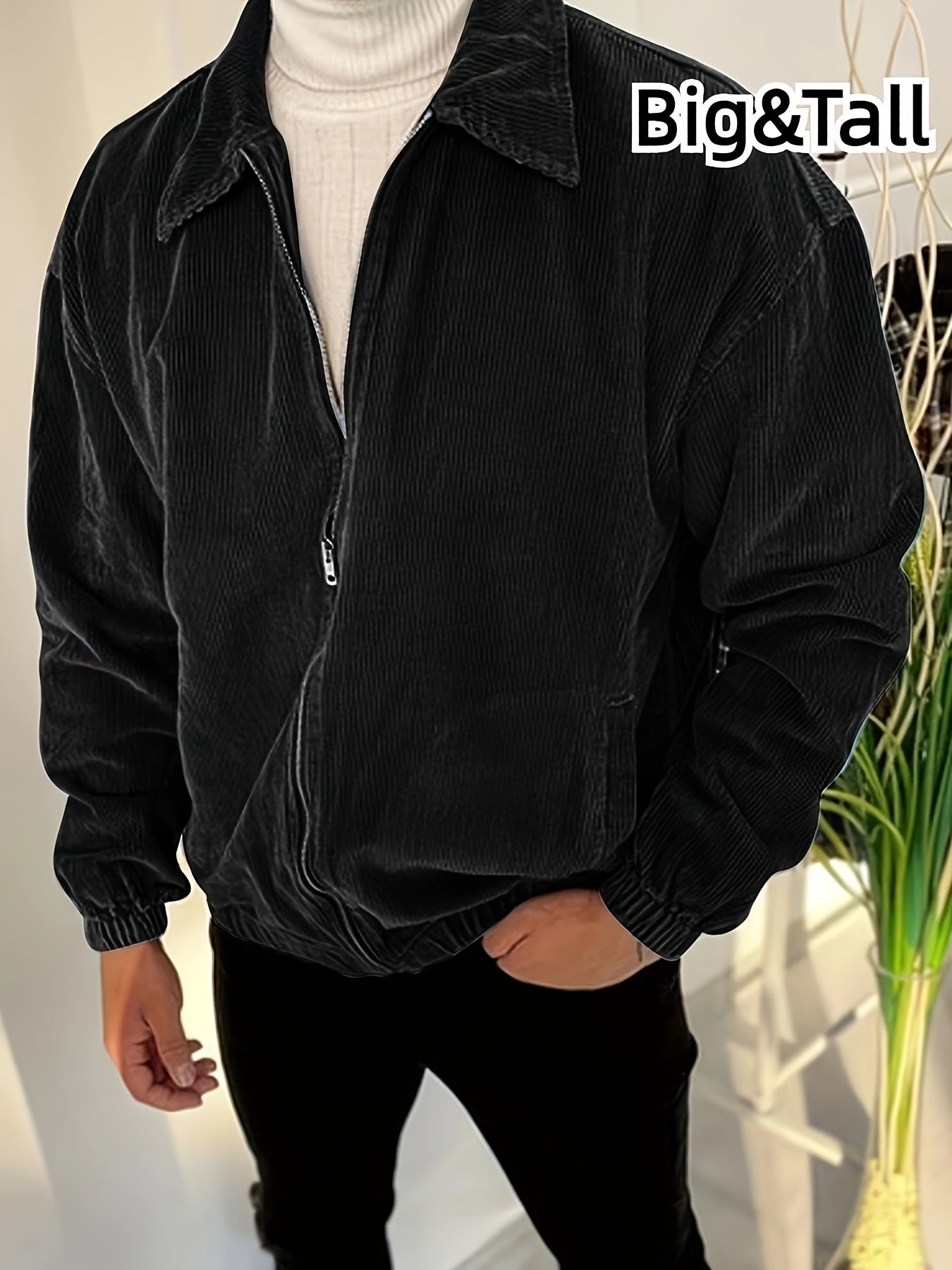 Big & Tall Men's Black Corduroy Jacket with Zipper Front Pockets for Fall Winter Casual