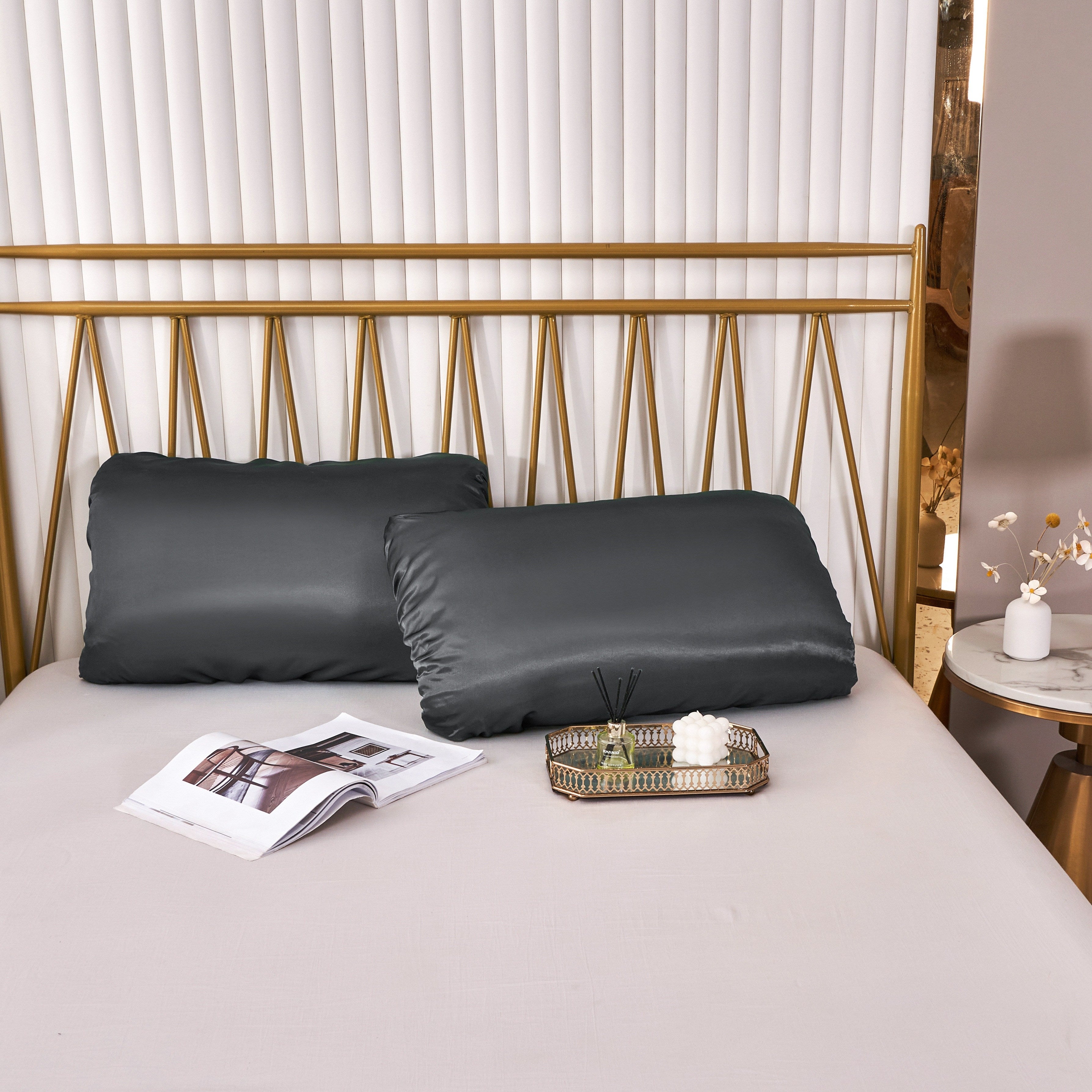 Satin Pillowcases Set of 2 with Elastic Bands, Soft Non-Slip Fabric for Bedroom