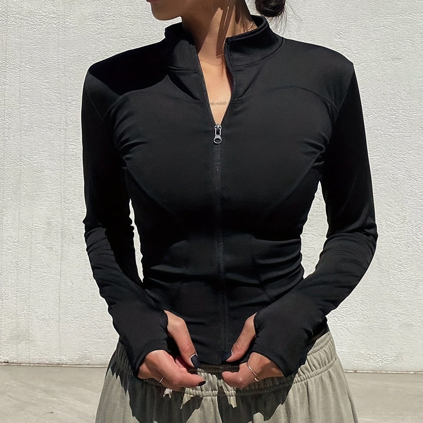 Women's Slim Fit Long Sleeve Mock Neck Zipper Top for Spring and Fall