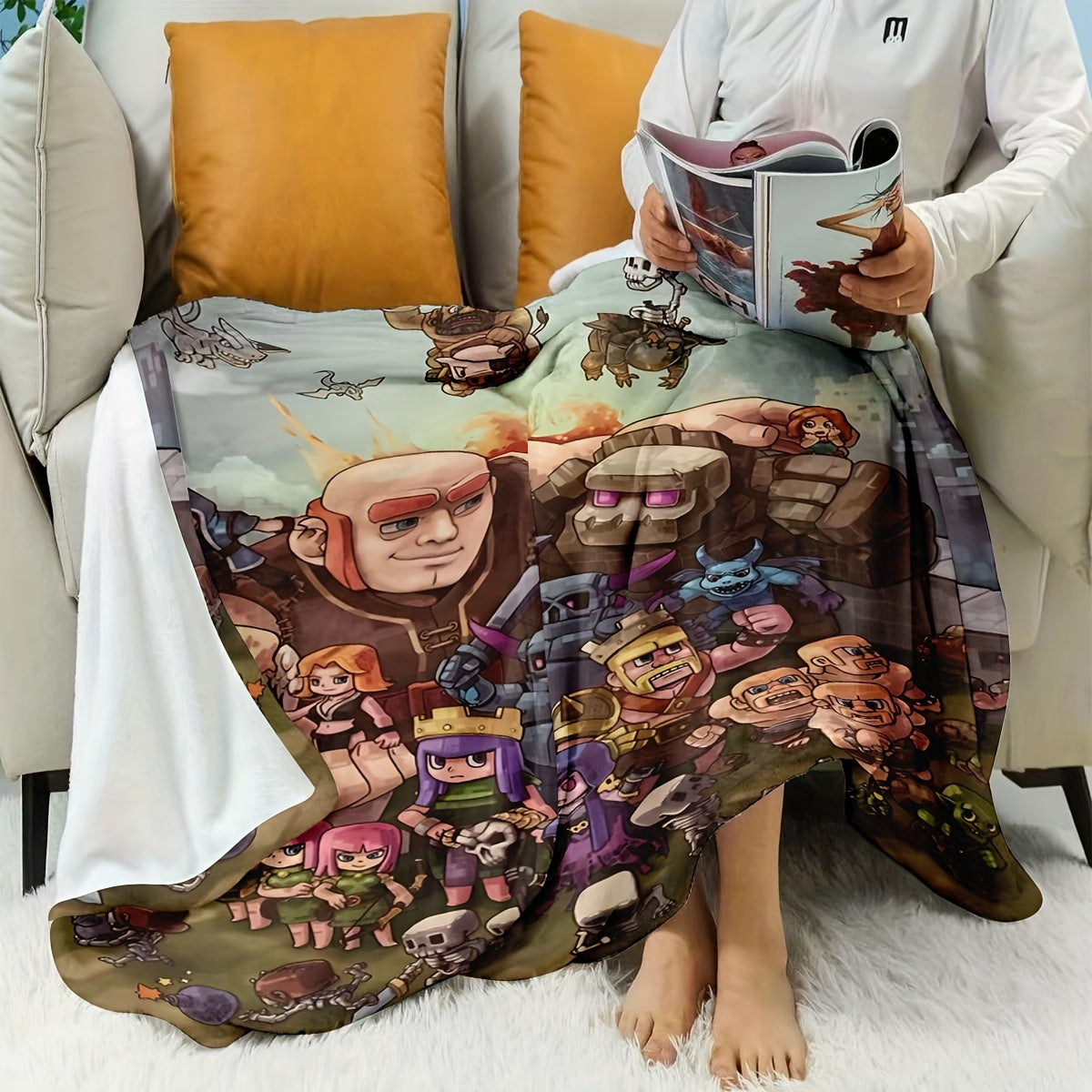 Fleece Blanket with Clash of Clans Characters Digital Print Polyester Machine Washable All Seasons