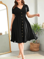 Plus Size Knitted Fabric Button Front Dress with Cinched Waist V-Neck for Spring Summer