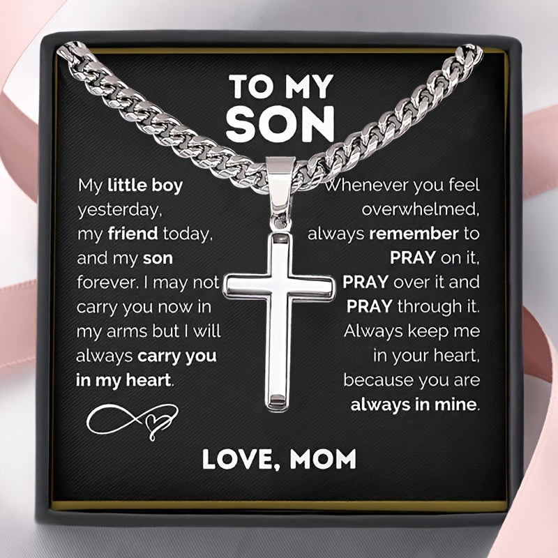 Stainless Steel Cuban Chain Necklace with To My Son Cross Pendant Gift Box