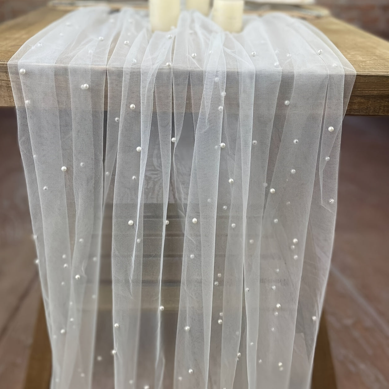 Pearl Lace Embroidered Table Runner for Wedding Arch Bridal Shower Event White Chiffon Tulle