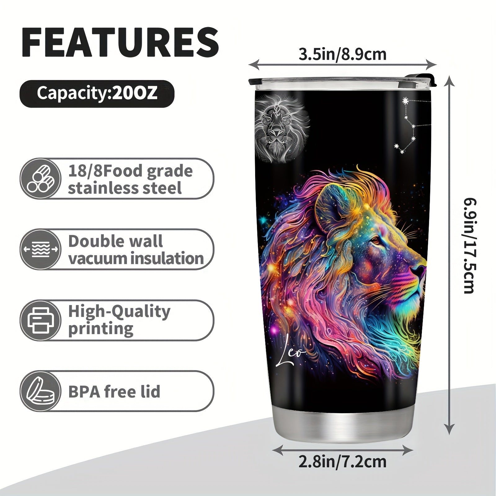20oz Stainless Steel Zodiac Tumbler with Horoscope Design Leakproof Double Wall Vacuum Insulated Travel Mug for Outdoor Use