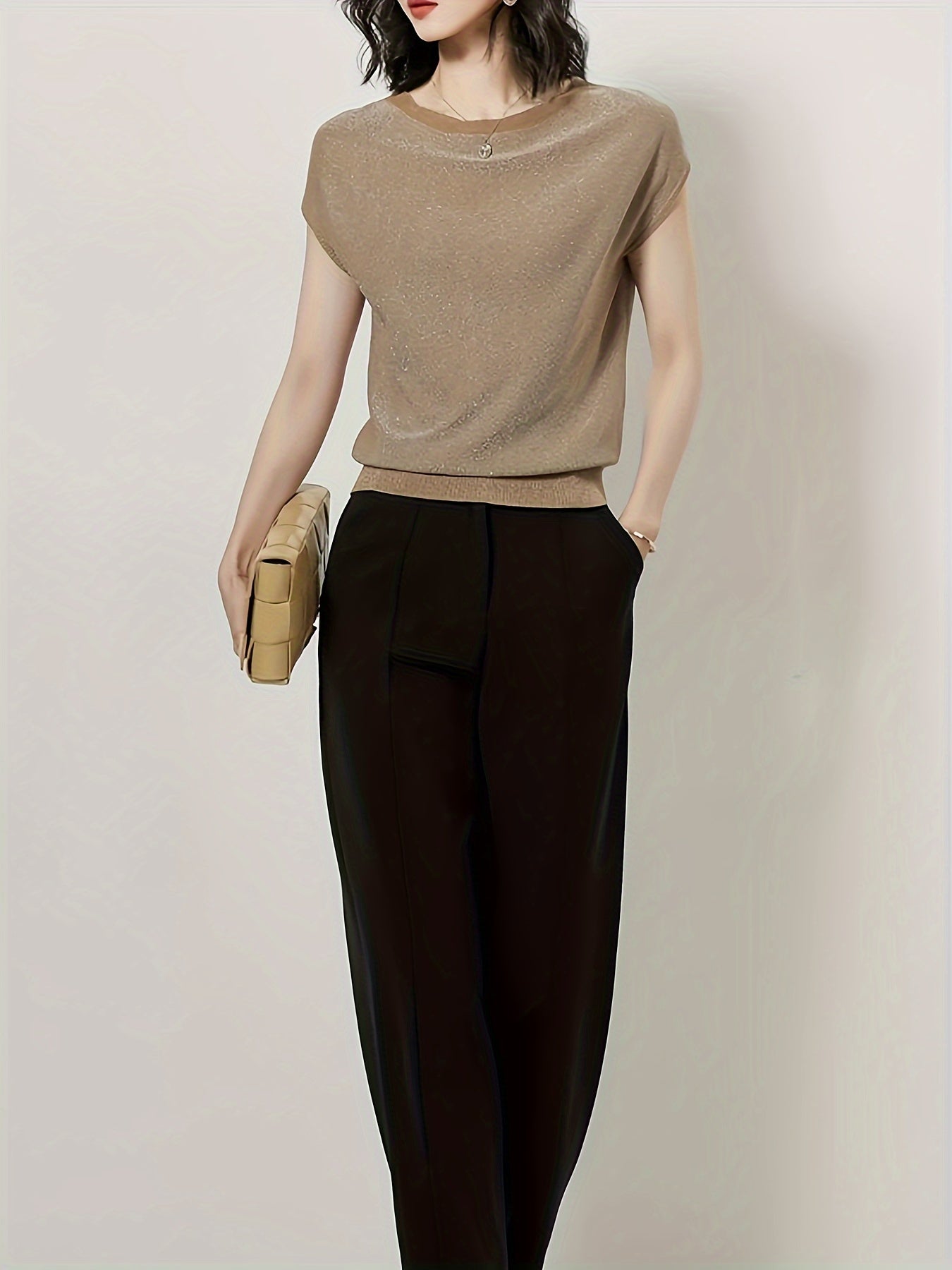Loose Knit Sweater with Metallic Threads Crew Neck Casual Viscose Polyester Solid Color All Season