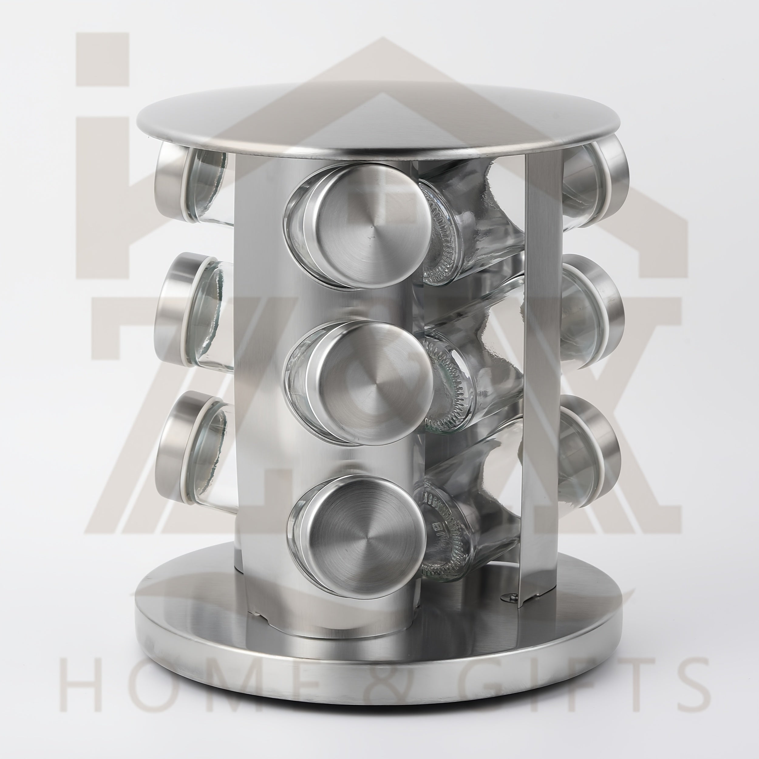 Golden Rotating Spice Jar Set with 9 Glass Jars and Revolving Storage Rack