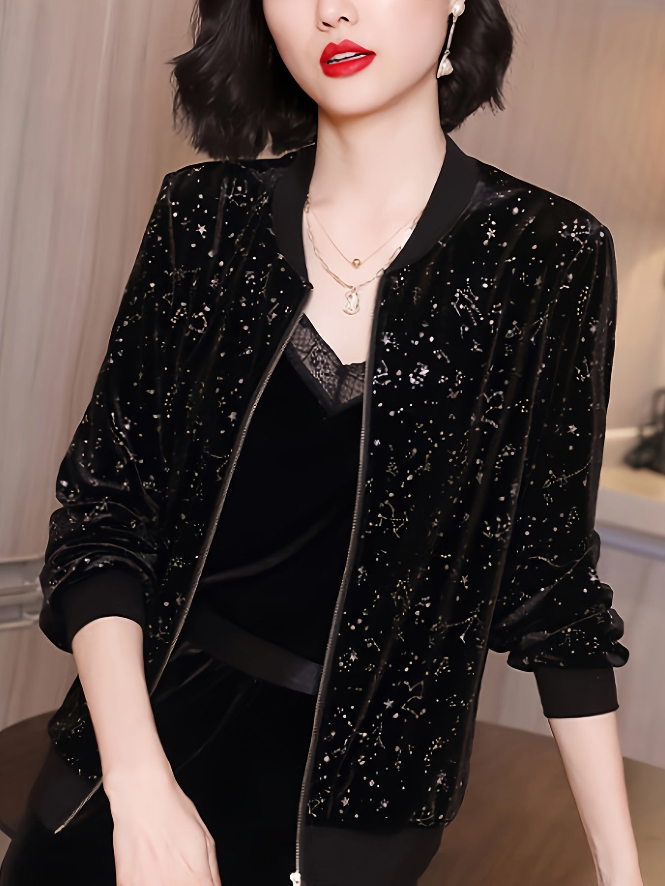 Women's Chiffon Bomber Jacket with Starry Night Print Long Sleeve Zip-Up All-Season