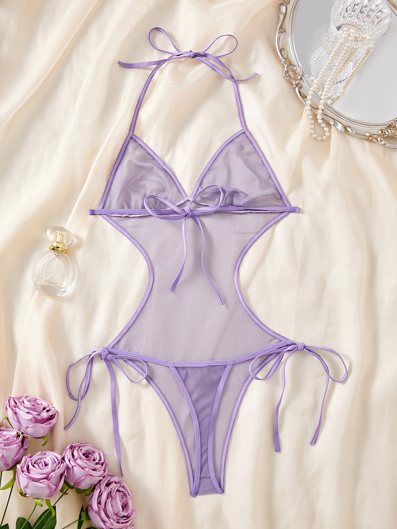 Women's Lace-Up Backless Bodysuit for Women Sexy Nightwear Black S M