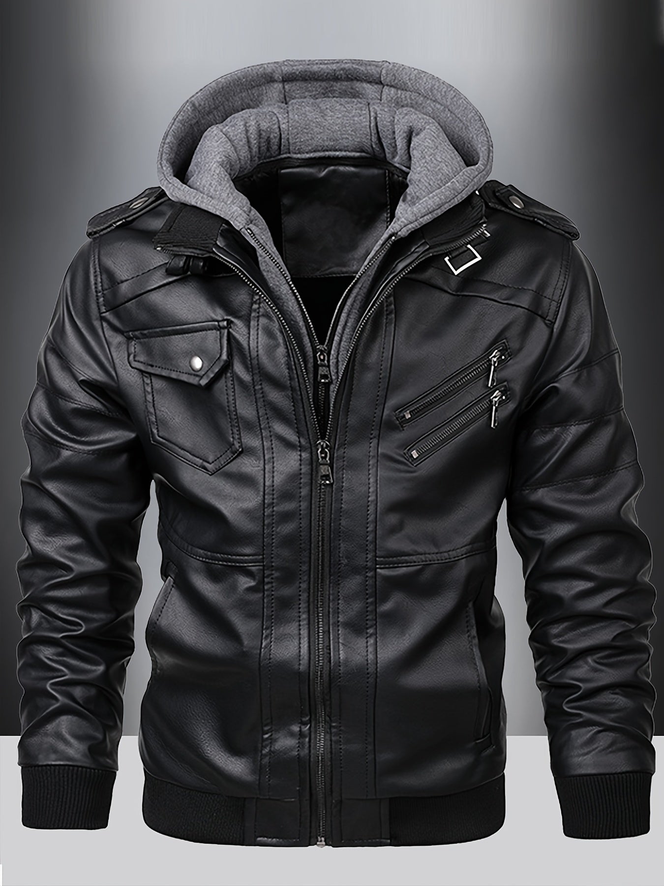 Men's Brown Hooded PU Leather Jacket with Multiple Pockets Fall Winter Casual