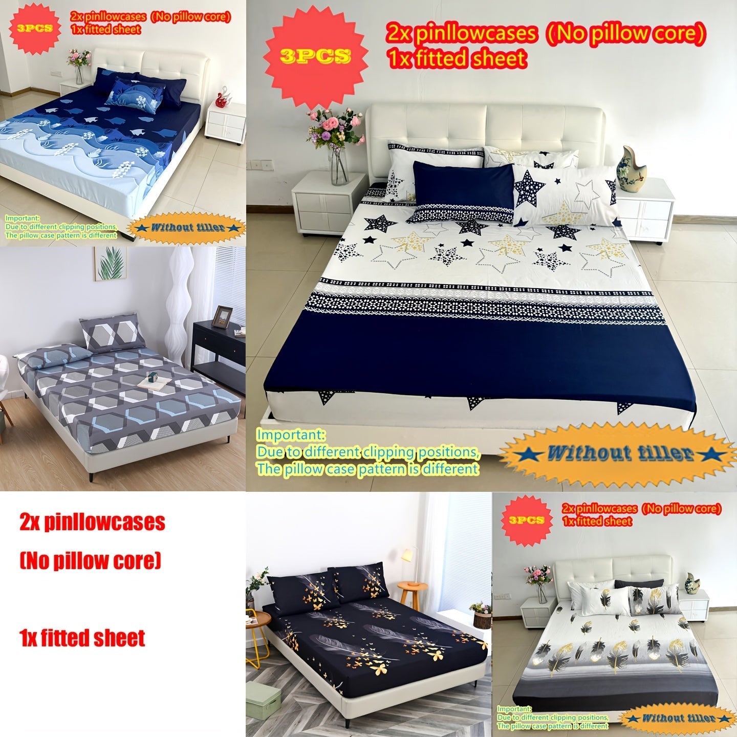 Conjunto de ropa de cama con estrella geométrica y gráfico de líneas, 3 piezas, sábana ajustable y fundas de almohada