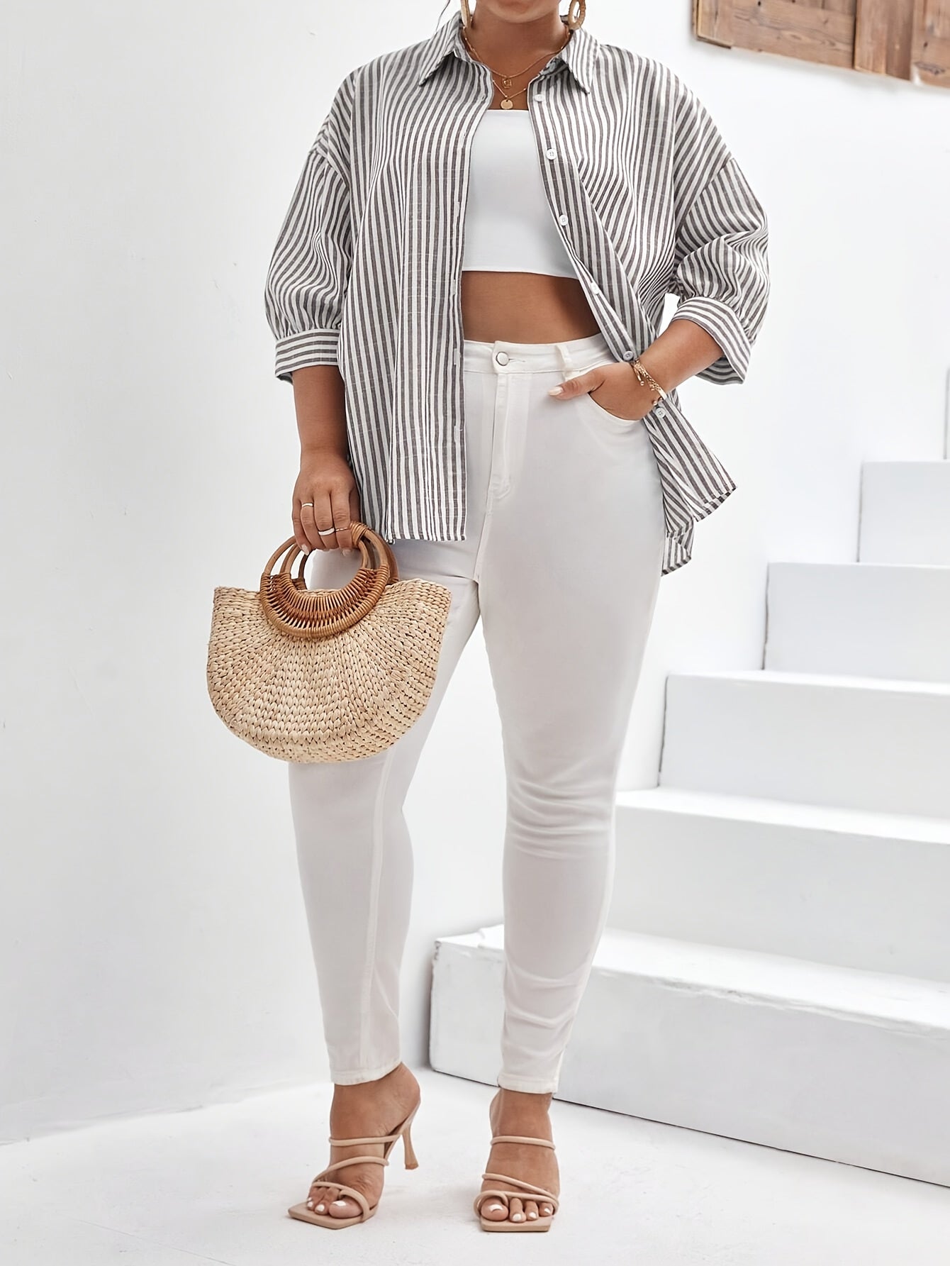 Women's Plus Size Striped Off-Shoulder Summer Top Polyester Casual Vacation