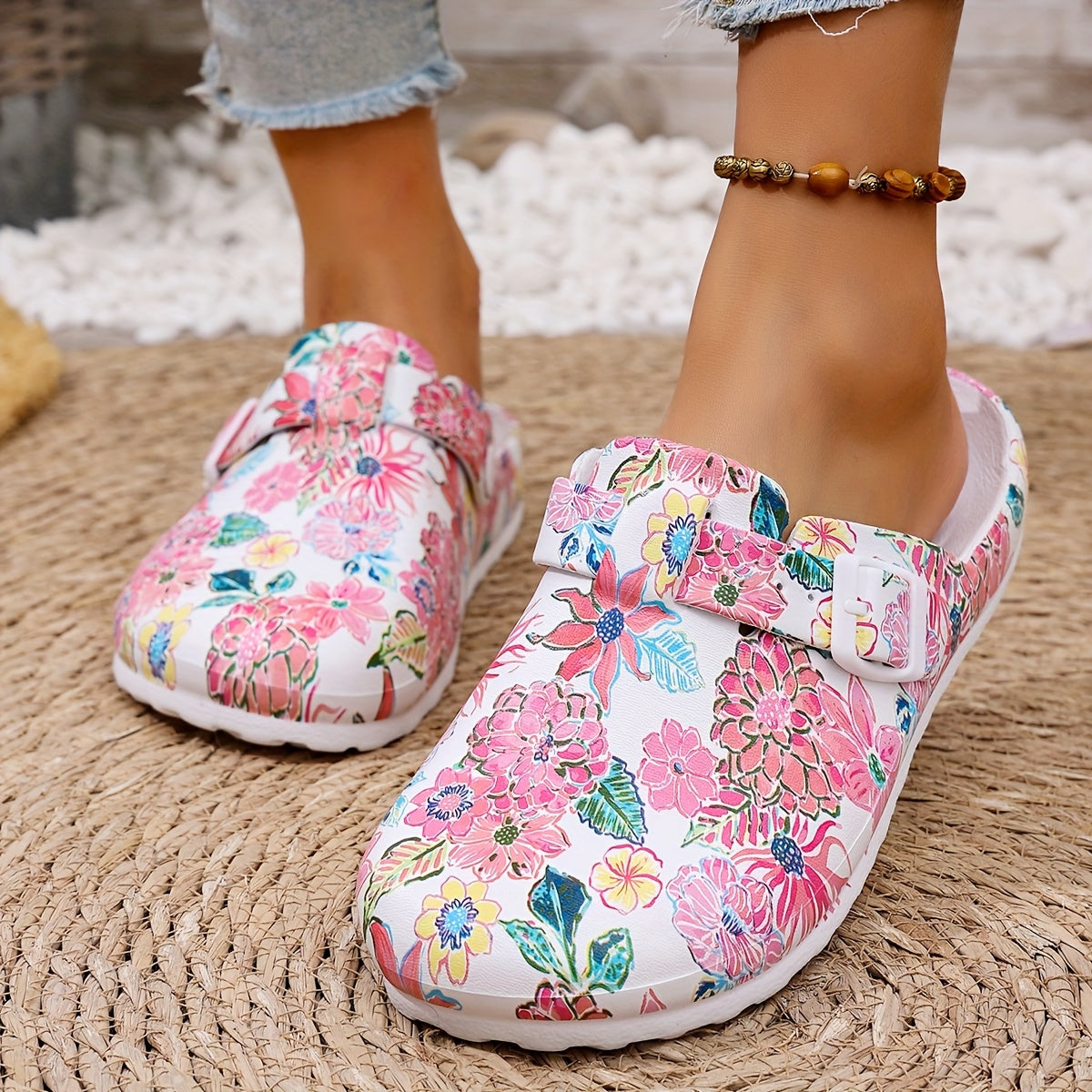 Women's EVA Floral Slide Sandals Pink Green Blue White Non-Slip Cushion