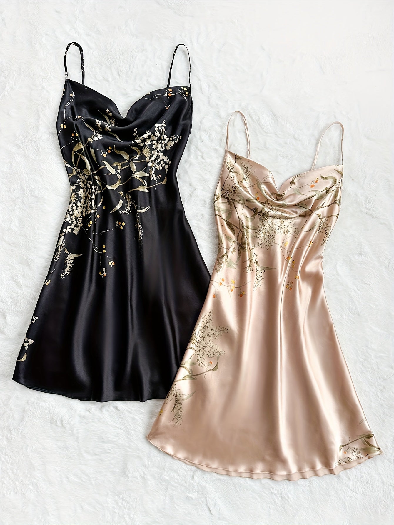 Women's Floral Satin Sleepwear Dresses Backless Turtleneck Nightgown Set