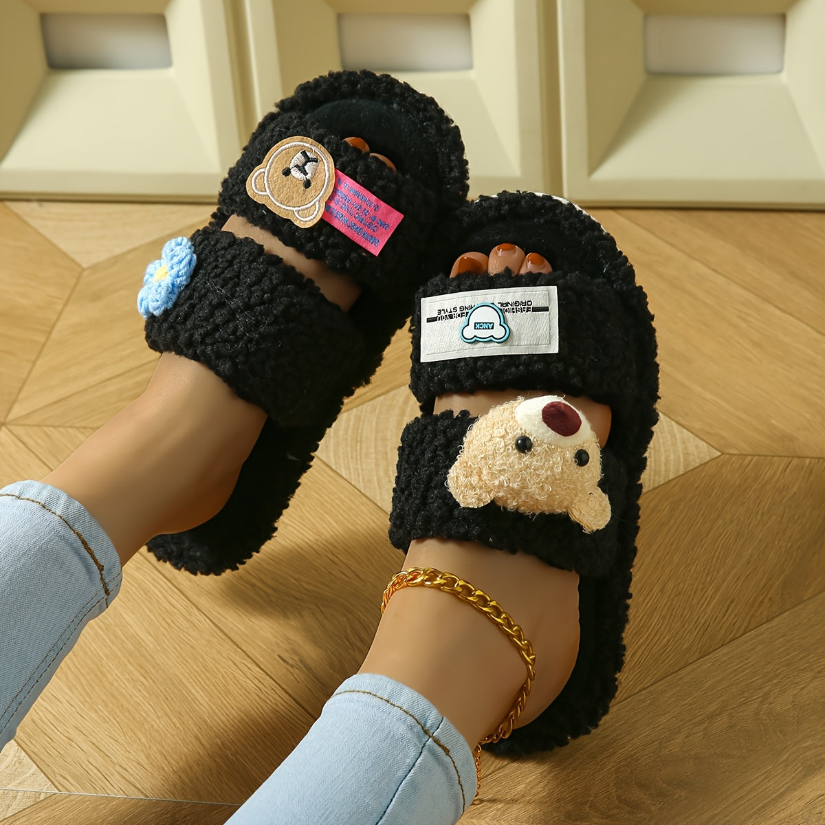 Women's Plush Cartoon Bear Slippers EVA Lightweight Open-Toe Indoor Shoes Black