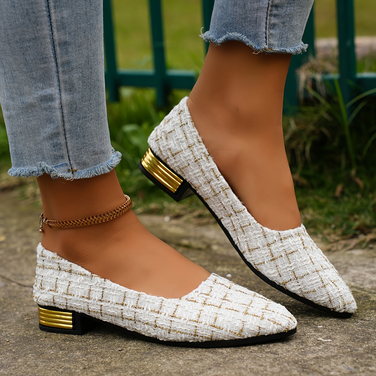 Women's Tweed Pattern Flats Slip-On Point Toe Casual Shoes