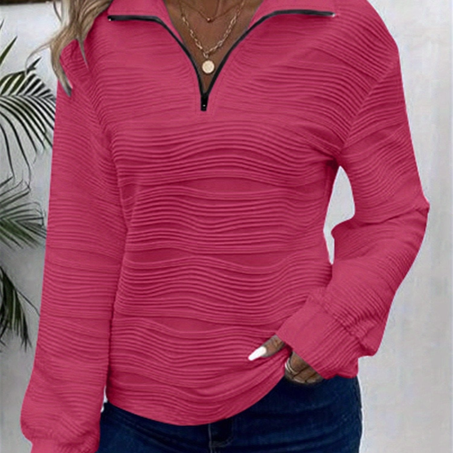 Plus Size V-Neck Zipper Pullover Sweatshirt Polyester Spandex Fall Winter